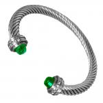 Stainless Steel Twisted Bangle w/ Green Crystal on Ends